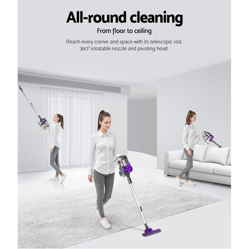 Devanti Corded Handheld Bagless Vacuum Cleaner in purple and silver, showcasing its sleek design and features.