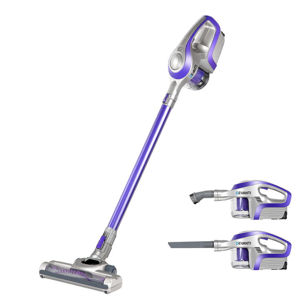 Devanti Cordless Stick Vacuum Cleaner in Purple and Grey, showcasing its sleek design and multiple attachments for versatile cleaning.