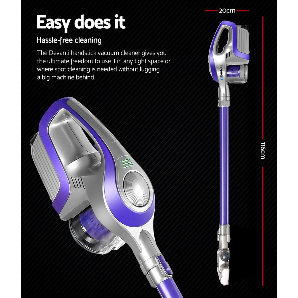 Devanti Cordless Stick Vacuum Cleaner in Purple and Grey, showcasing its sleek design and multiple attachments for versatile cleaning.