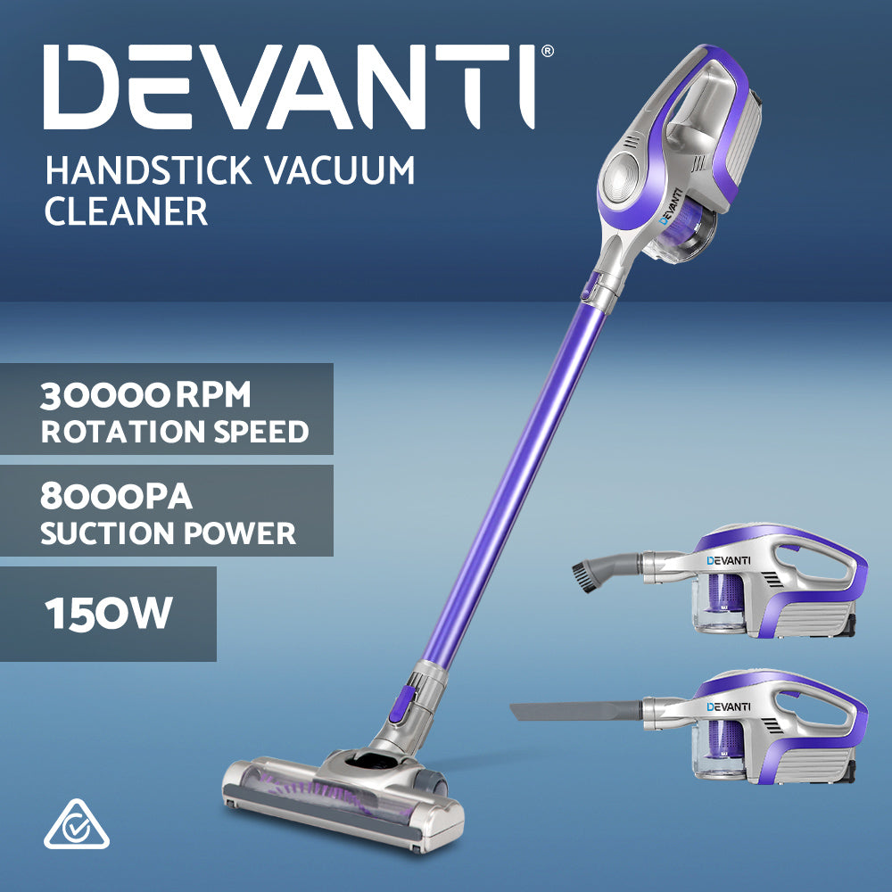 Devanti Cordless Stick Vacuum Cleaner in Purple and Grey, showcasing its sleek design and multiple attachments for versatile cleaning.