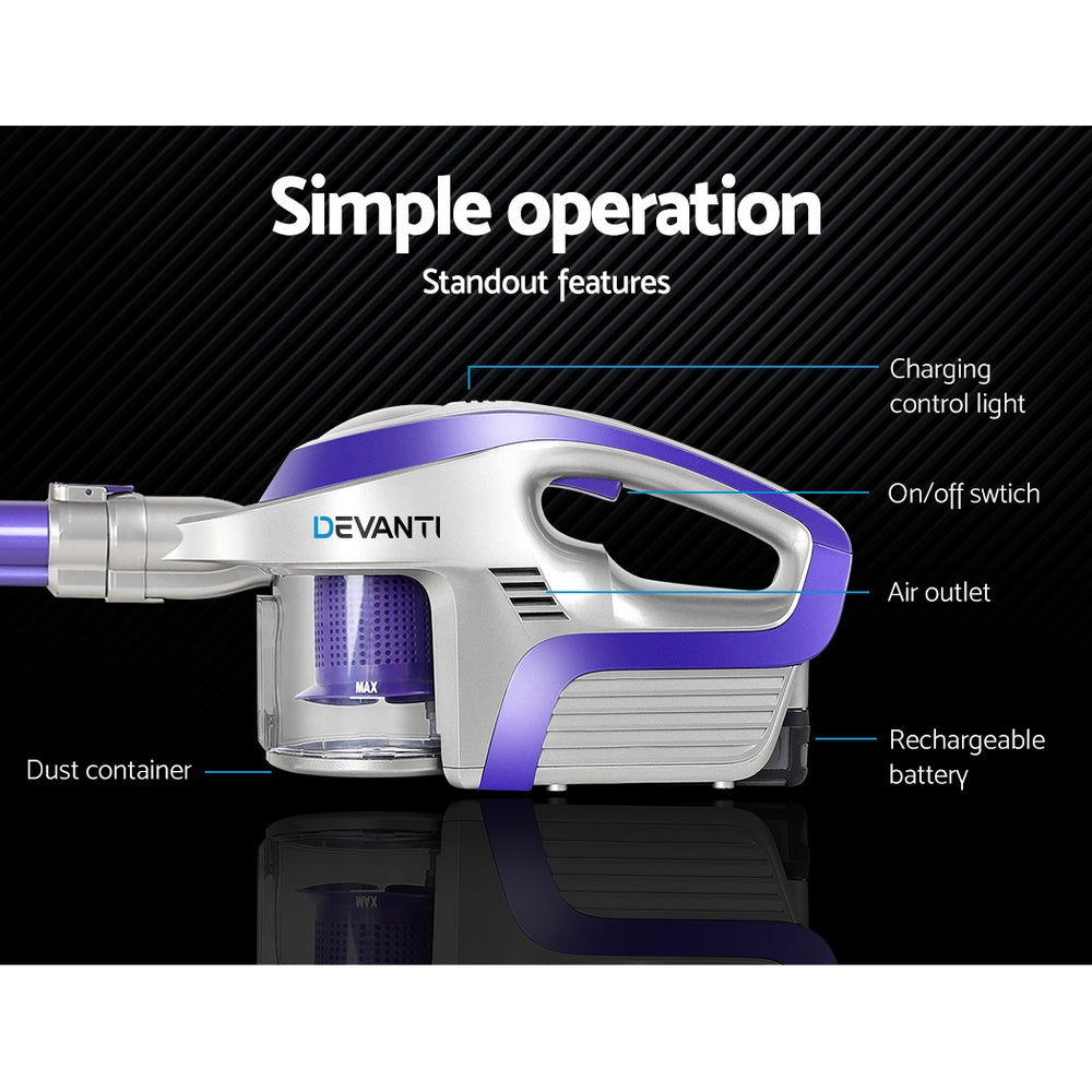 Devanti Cordless Stick Vacuum Cleaner in Purple and Grey, showcasing its sleek design and multiple attachments for versatile cleaning.