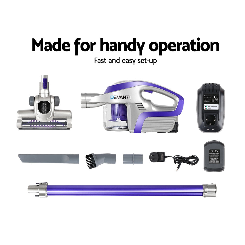 Devanti Cordless Stick Vacuum Cleaner in Purple and Grey, showcasing its sleek design and multiple attachments for versatile cleaning.