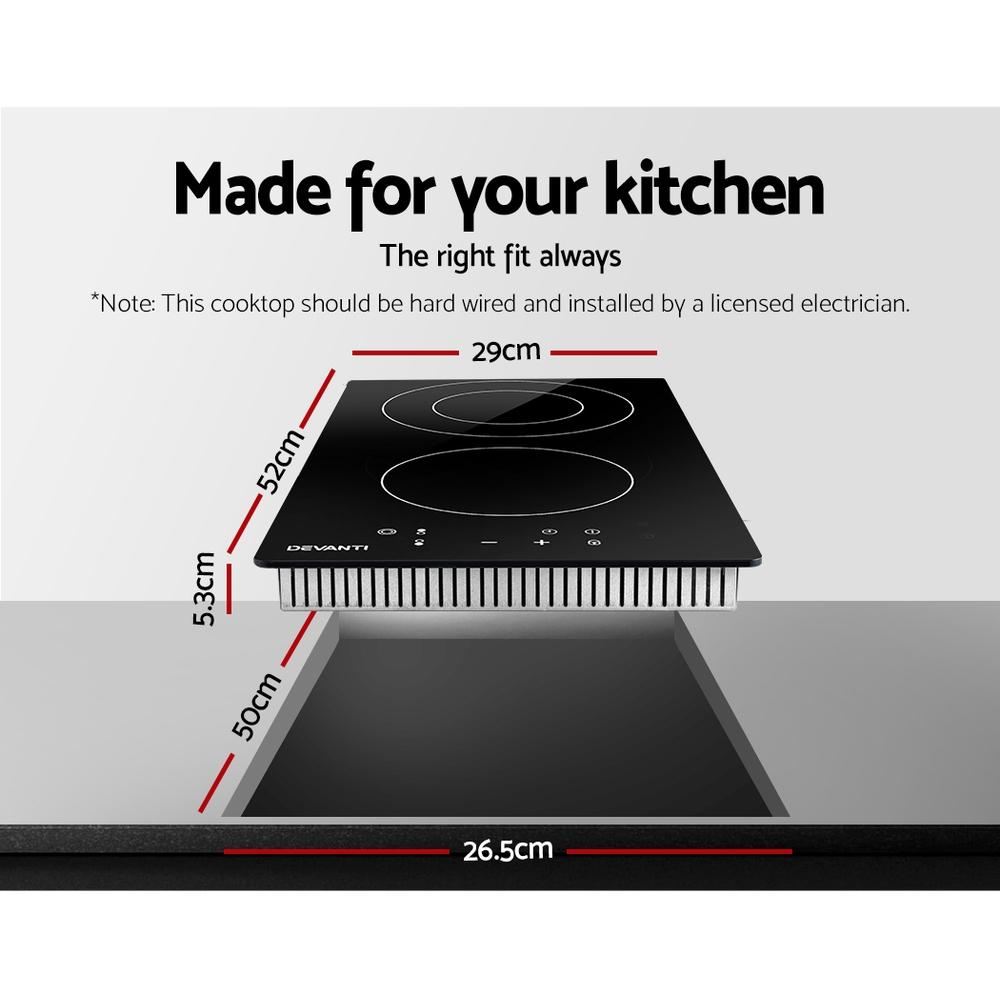 Devanti Electric Ceramic Cooktop 30cm with three cooking zones and touch control panel, featuring a sleek black ceramic glass surface.