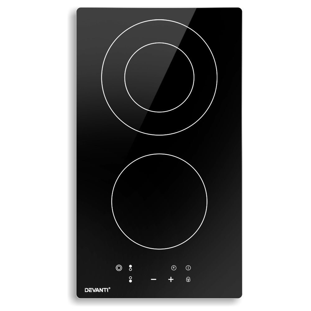 Devanti Electric Ceramic Cooktop 30cm with three cooking zones and touch control panel, featuring a sleek black ceramic glass surface.