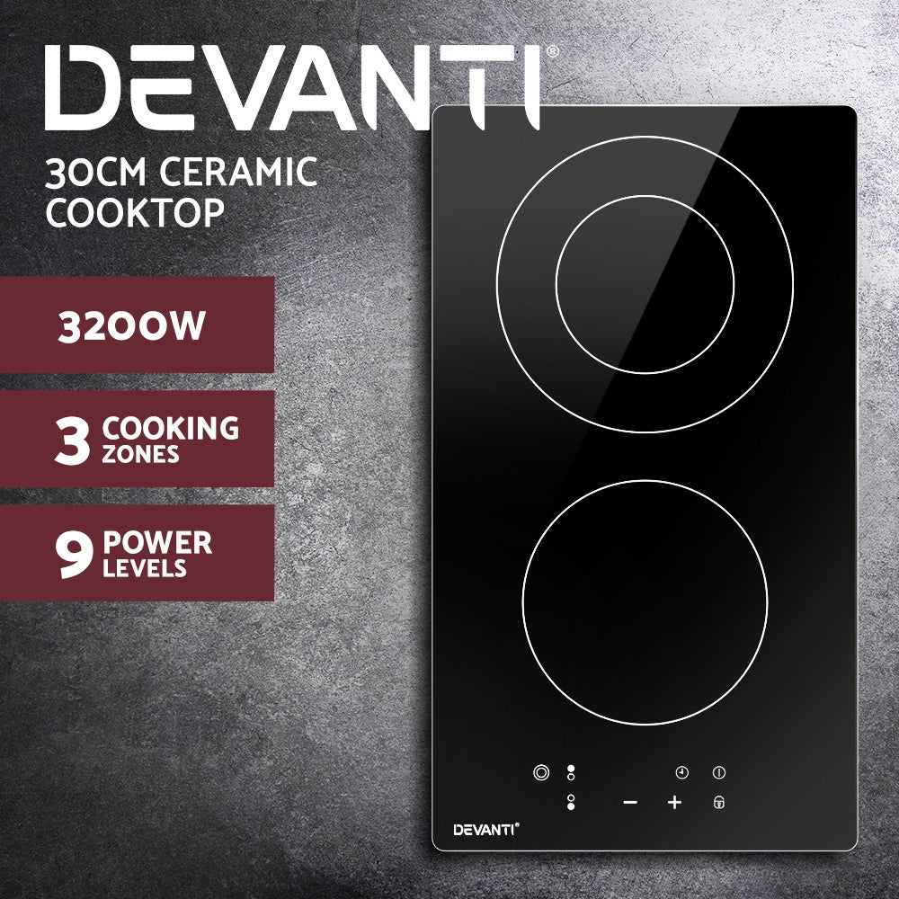 Devanti Electric Ceramic Cooktop 30cm with three cooking zones and touch control panel, featuring a sleek black ceramic glass surface.