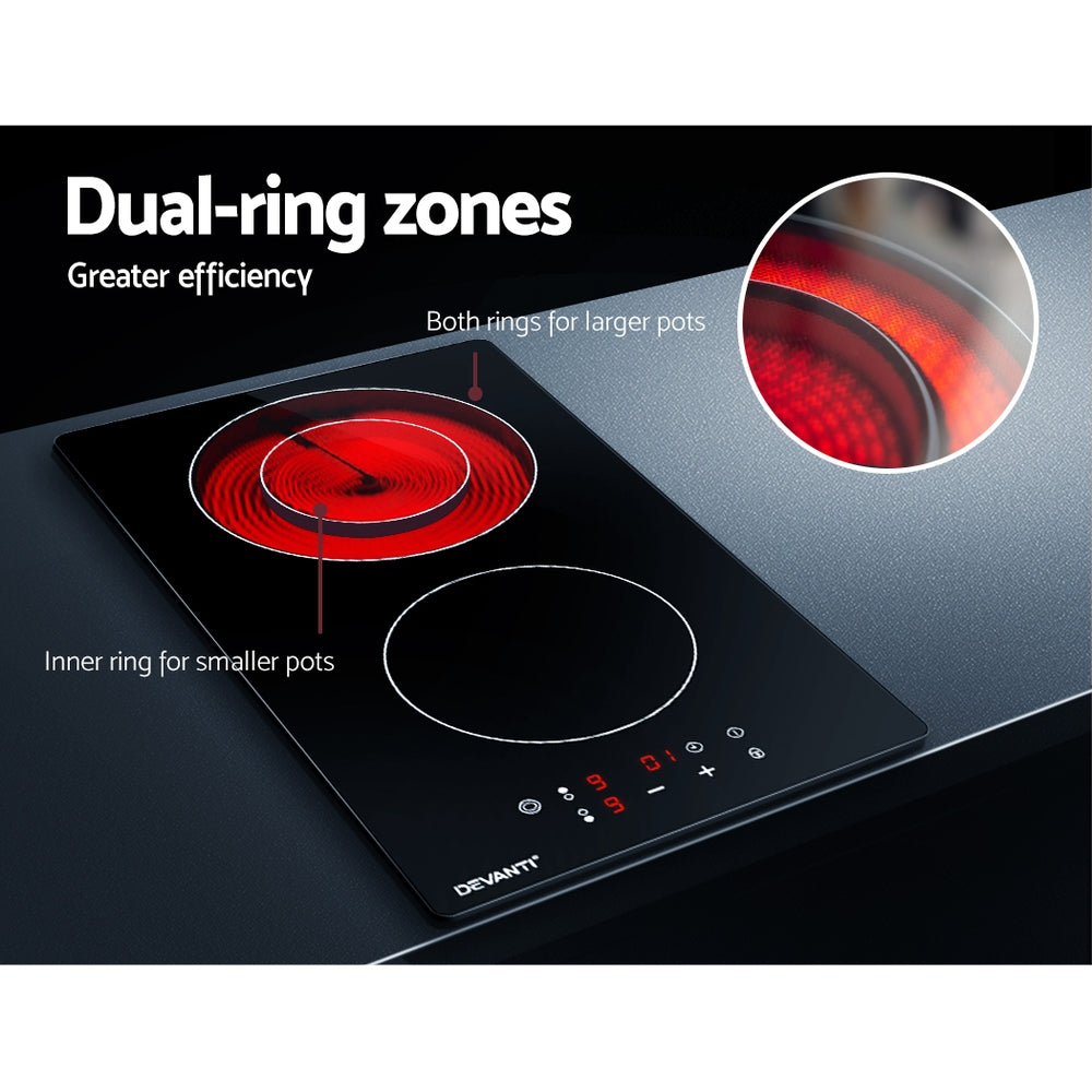 Devanti Electric Ceramic Cooktop 30cm with three cooking zones and touch control panel, featuring a sleek black ceramic glass surface.