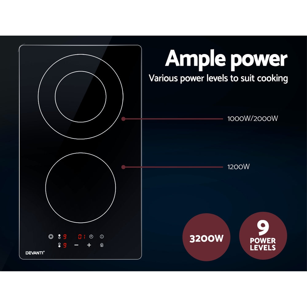 Devanti Electric Ceramic Cooktop 30cm with three cooking zones and touch control panel, featuring a sleek black ceramic glass surface.