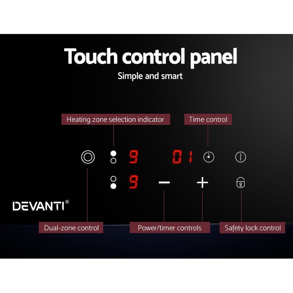 Devanti Electric Ceramic Cooktop 30cm with three cooking zones and touch control panel, featuring a sleek black ceramic glass surface.