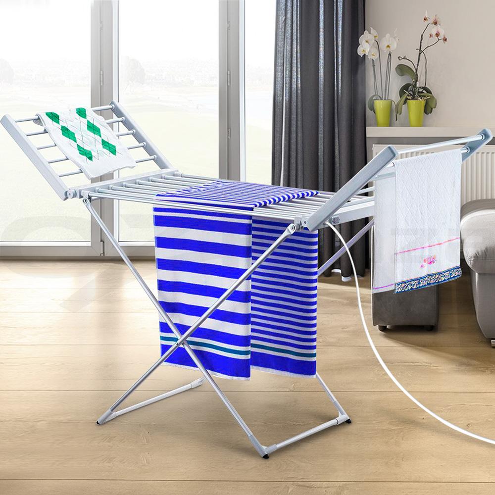 Devanti Electric Heated Towel Rail Clothes Rack Warmer Dryer with 18 heated rods, portable and foldable design for efficient drying.