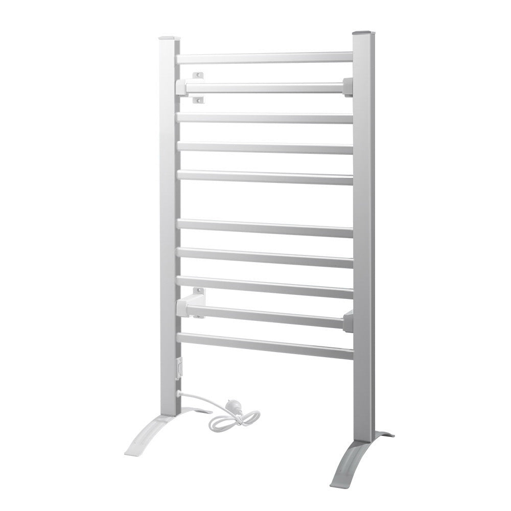 Devanti Electric Heated Towel Rail with 10 bars, polished aluminium finish, designed for wall-mounted or freestanding use.