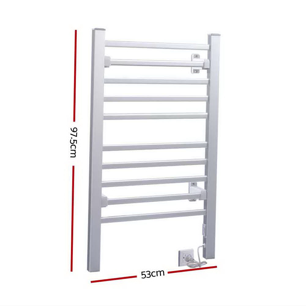 Devanti Electric Heated Towel Rail with 10 bars, polished aluminium finish, designed for wall-mounted or freestanding use.