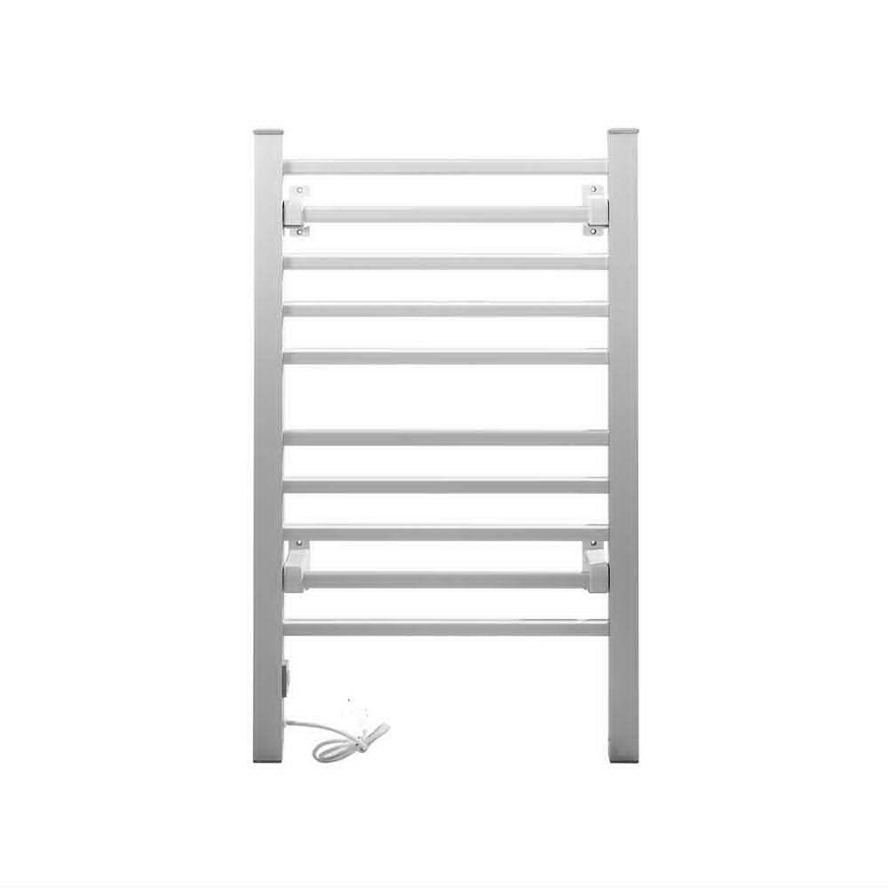 Devanti Electric Heated Towel Rail with 10 bars, polished aluminium finish, designed for wall-mounted or freestanding use.