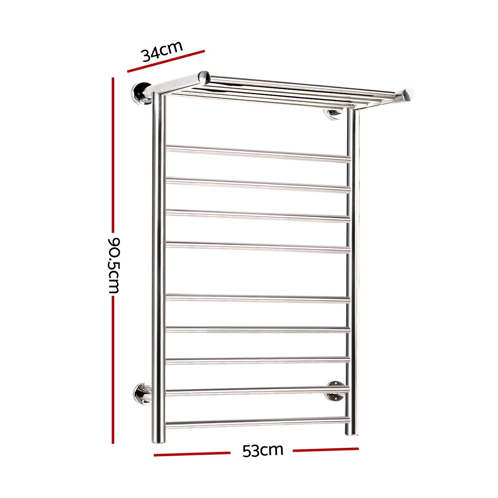 Devanti Electric Heated Towel Rail featuring 14 polished stainless steel bars, wall-mounted design, and a sleek modern look.