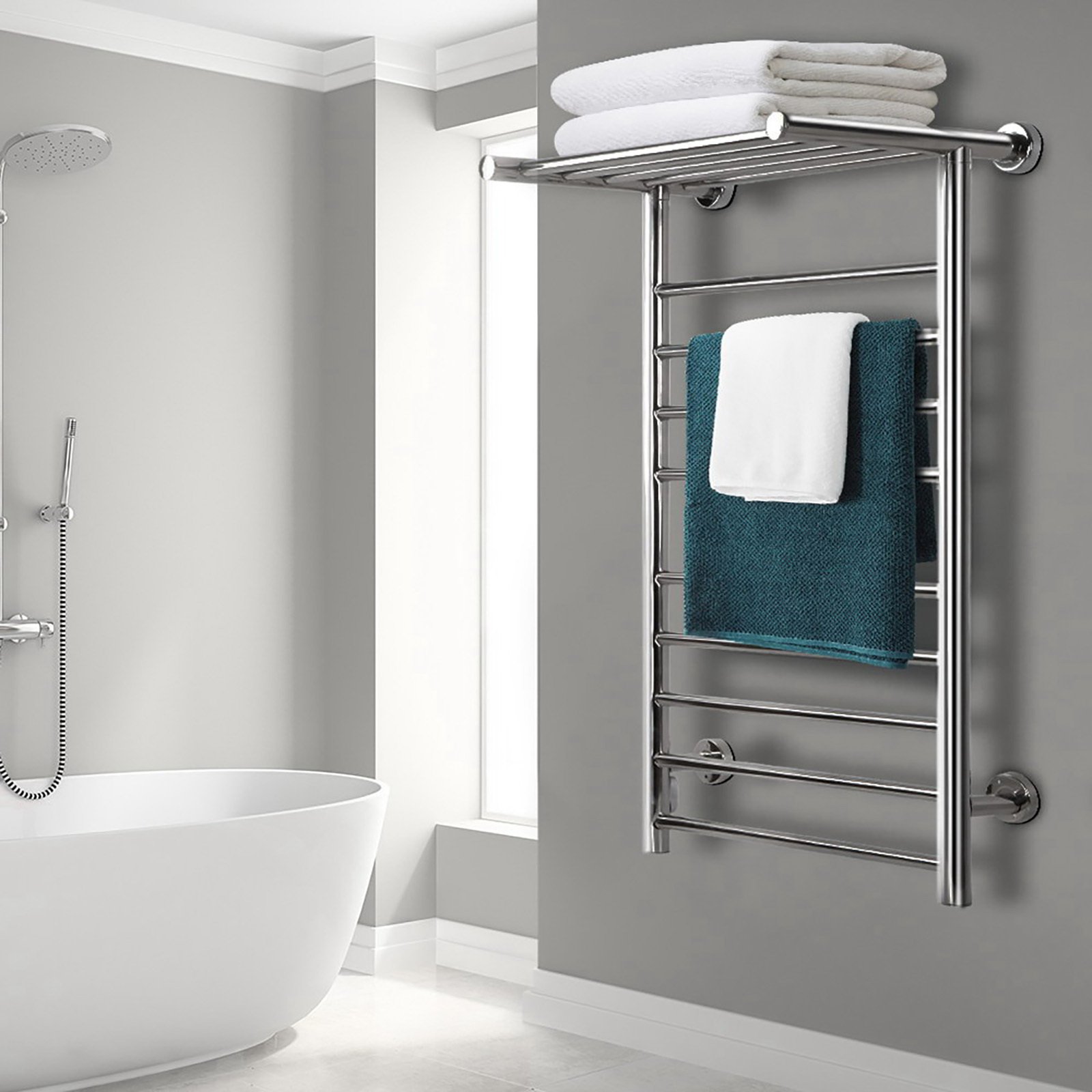 Devanti Electric Heated Towel Rail featuring 14 polished stainless steel bars, wall-mounted design, and a sleek modern look.