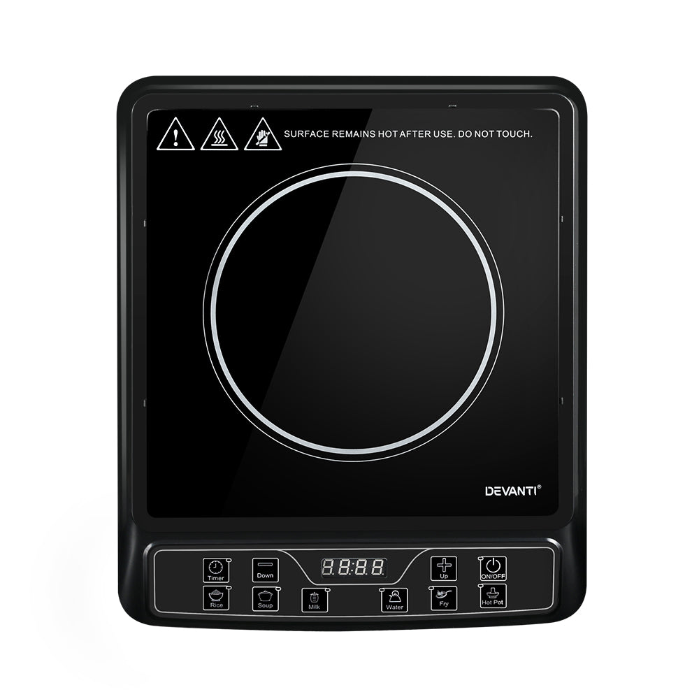 Devanti Electric Induction Cooktop with black ceramic glass surface and digital LED display, showcasing its sleek design and modern features.