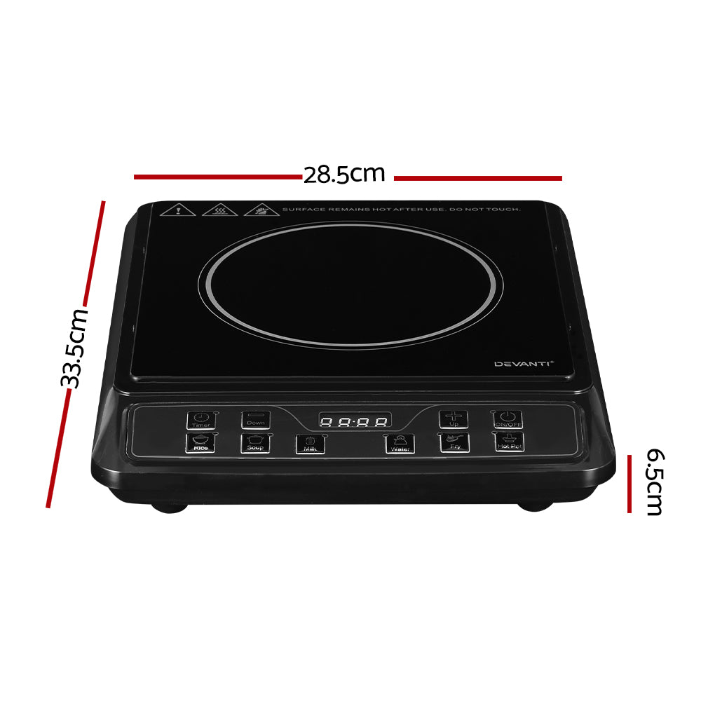 Devanti Electric Induction Cooktop with black ceramic glass surface and digital LED display, showcasing its sleek design and modern features.