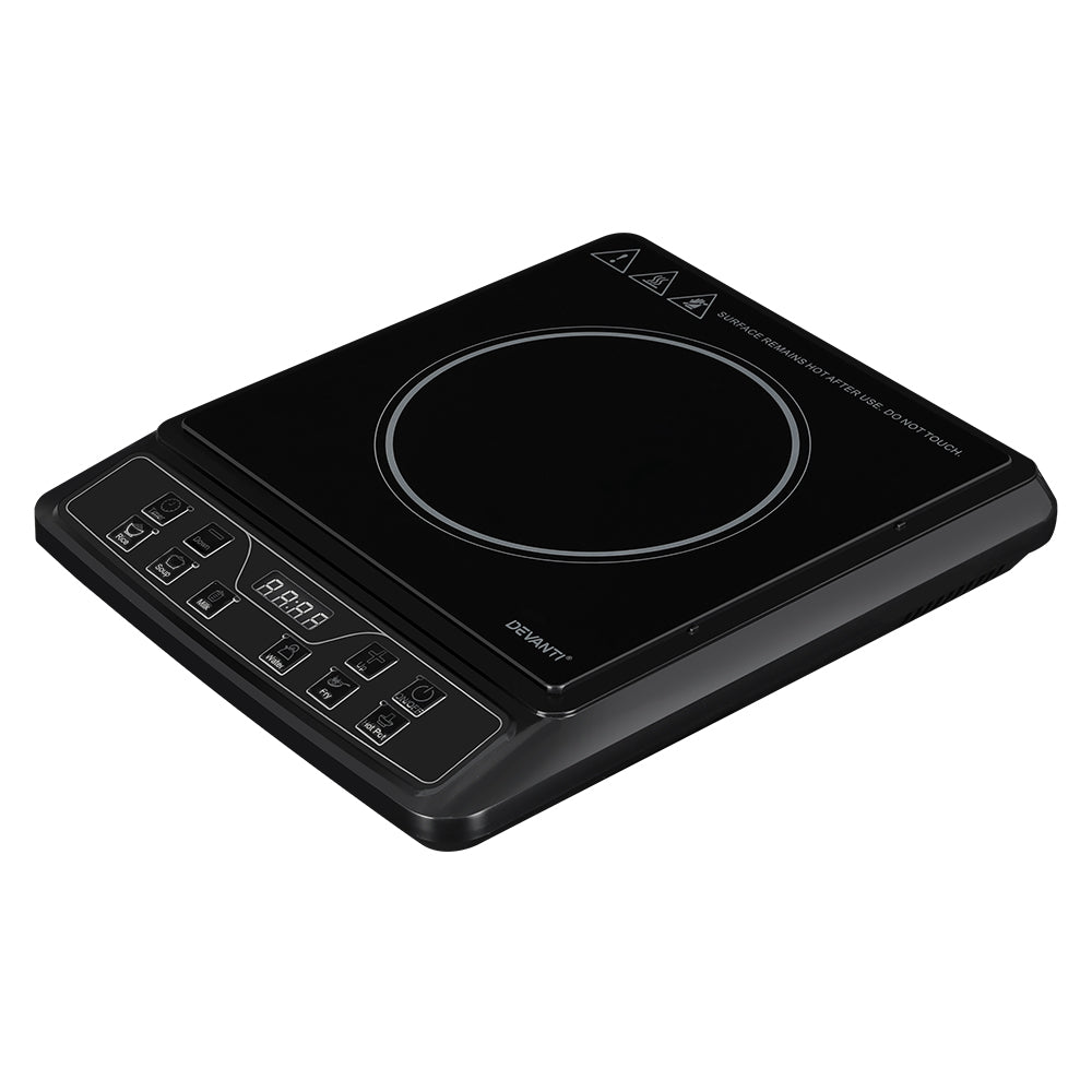 Devanti Electric Induction Cooktop with black ceramic glass surface and digital LED display, showcasing its sleek design and modern features.