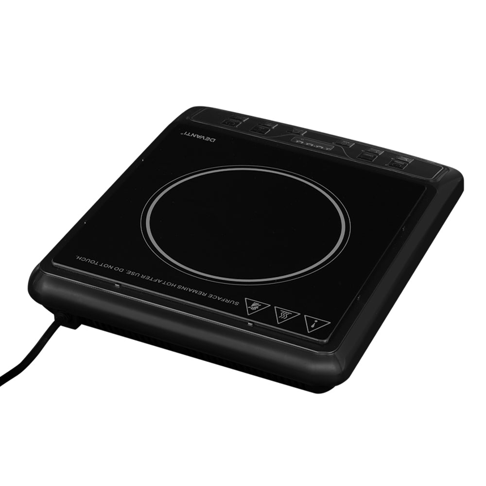 Devanti Electric Induction Cooktop with black ceramic glass surface and digital LED display, showcasing its sleek design and modern features.