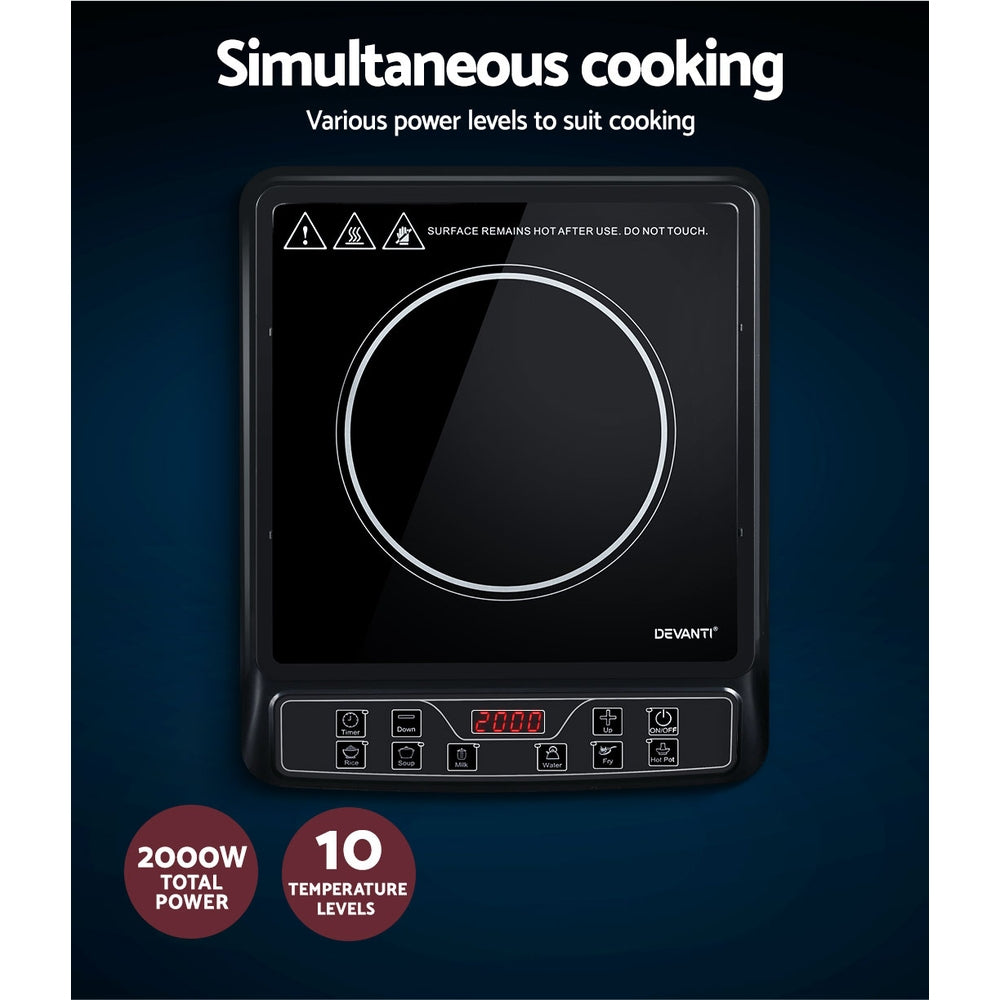 Devanti Electric Induction Cooktop with black ceramic glass surface and digital LED display, showcasing its sleek design and modern features.