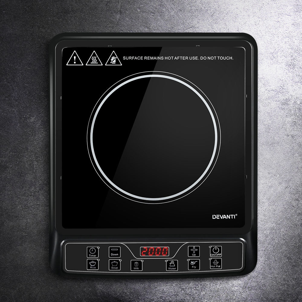 Devanti Electric Induction Cooktop with black ceramic glass surface and digital LED display, showcasing its sleek design and modern features.