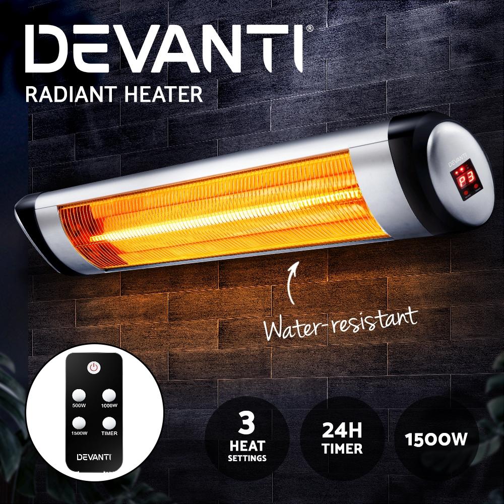 Devanti Electric Infrared Patio Heater in black and silver, designed for indoor and outdoor use with remote control and LED panel.