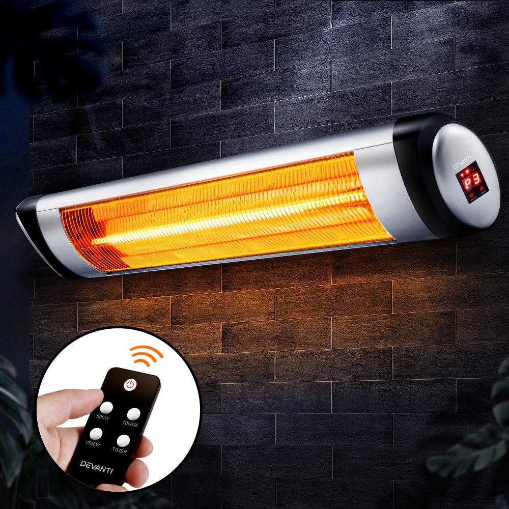 Devanti Electric Infrared Patio Heater in black and silver, designed for indoor and outdoor use with remote control and LED panel.