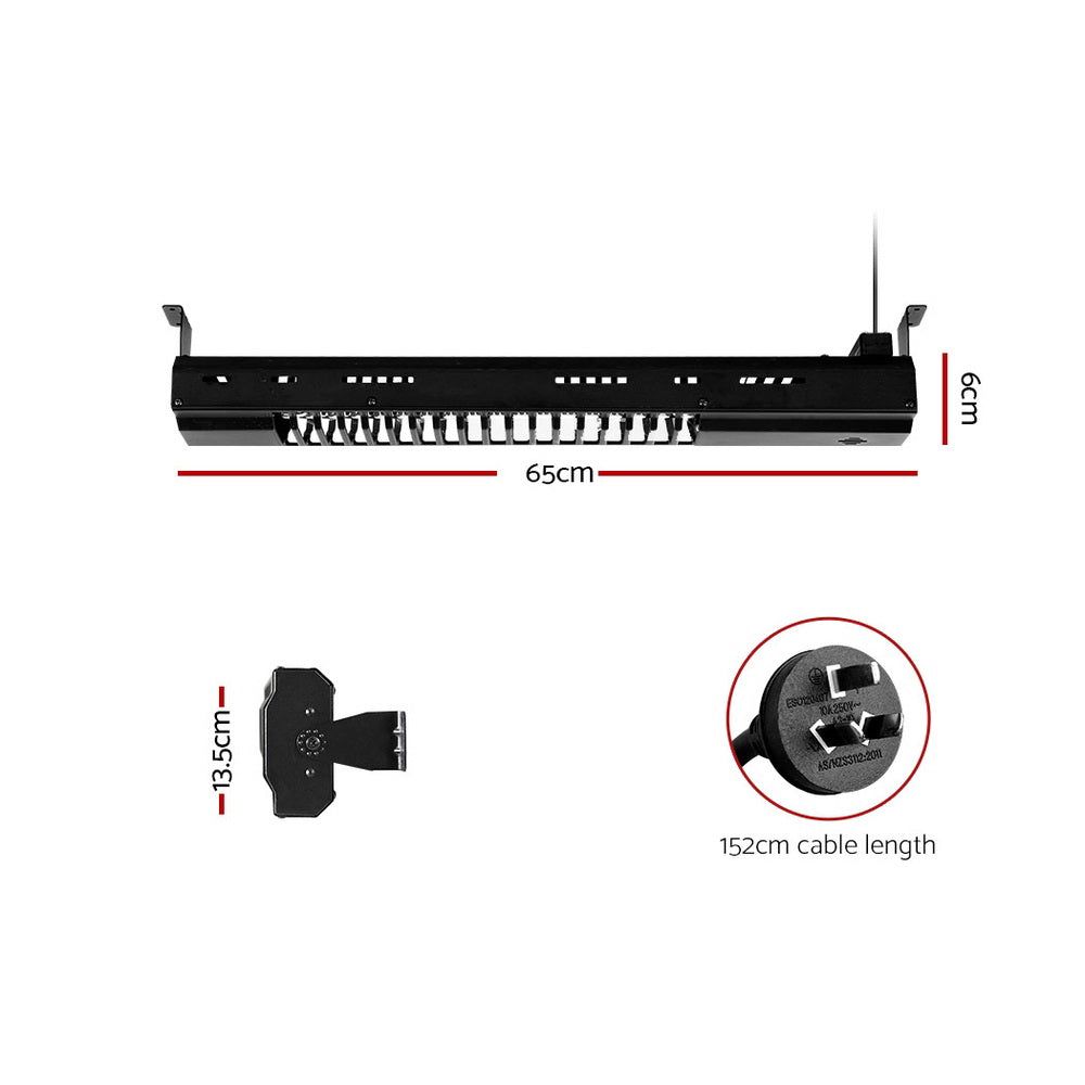 Devanti Electric Strip Heater with remote control, showcasing its sleek black design and compact size, ideal for indoor and outdoor use.