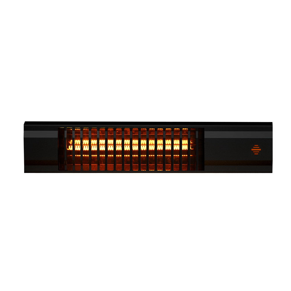 Devanti Electric Strip Heater with remote control, showcasing its sleek black design and compact size, ideal for indoor and outdoor use.