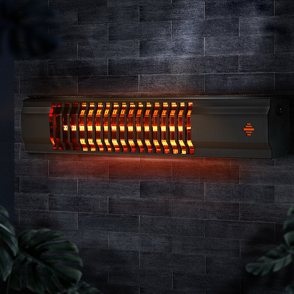 Devanti Electric Strip Heater with remote control, showcasing its sleek black design and compact size, ideal for indoor and outdoor use.