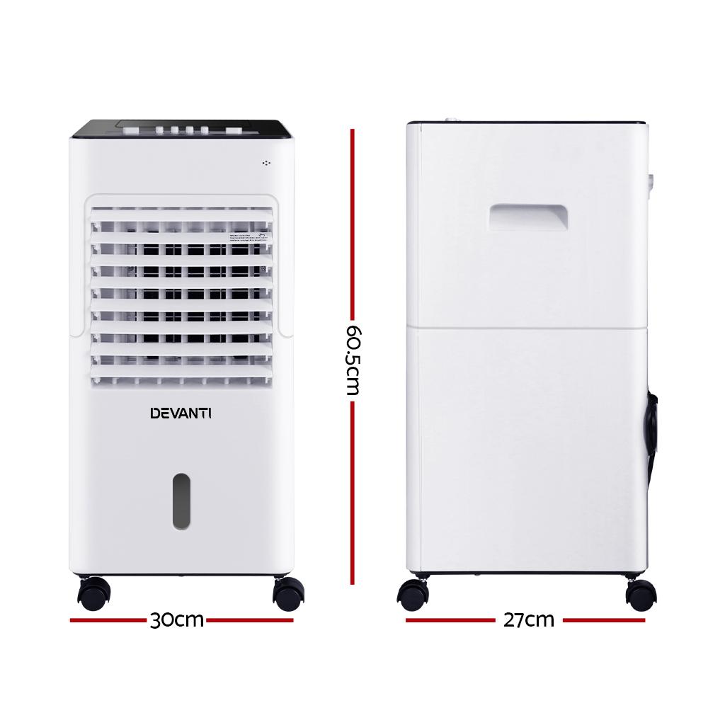 Devanti Evaporative Air Cooler Conditioner in black and white, showcasing its sleek design and portable features.