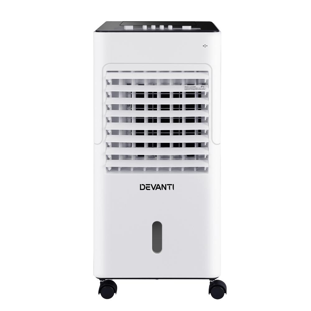 Devanti Evaporative Air Cooler Conditioner in black and white, showcasing its sleek design and portable features.