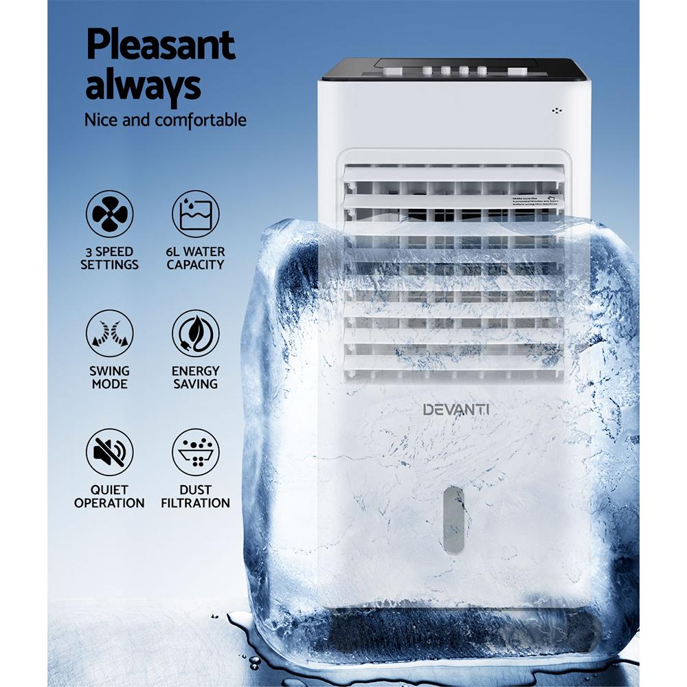 Devanti Evaporative Air Cooler Conditioner in black and white, showcasing its sleek design and portable features.