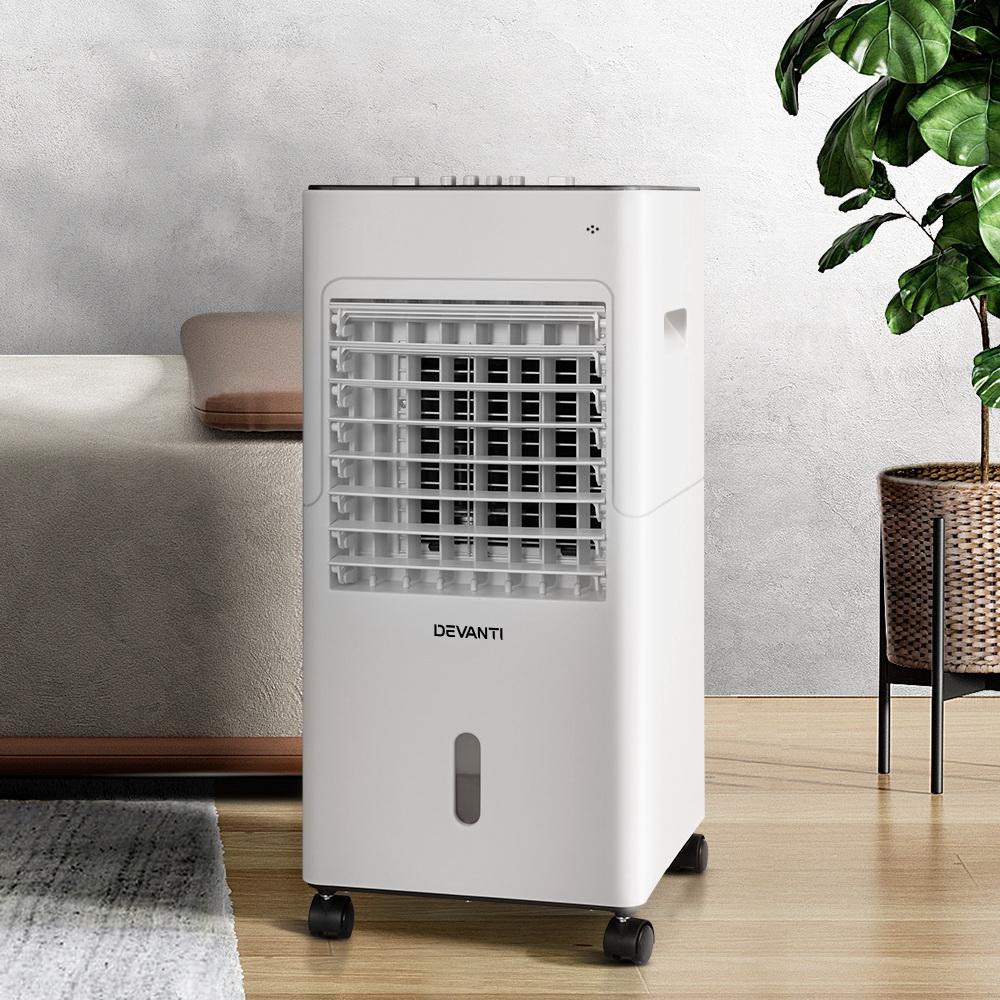 Devanti Evaporative Air Cooler Conditioner in black and white, showcasing its sleek design and portable features.