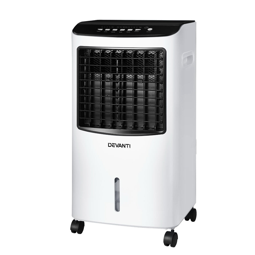 Devanti Evaporative Air Cooler Conditioner in black and white, showcasing its sleek design and control panel.