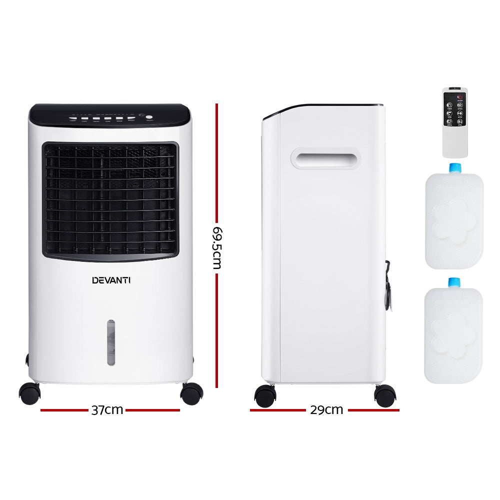 Devanti Evaporative Air Cooler Conditioner in black and white, showcasing its sleek design and control panel.