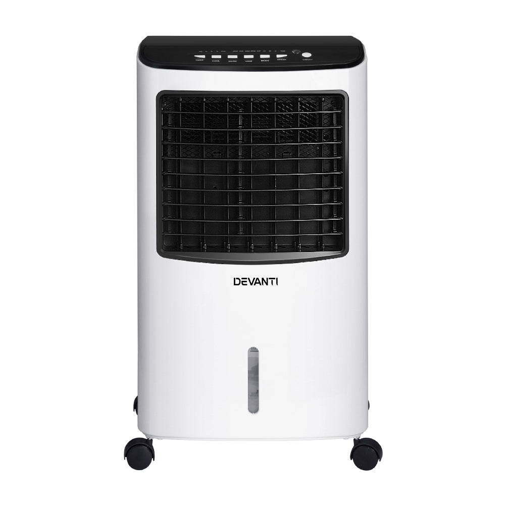 Devanti Evaporative Air Cooler Conditioner in black and white, showcasing its sleek design and control panel.