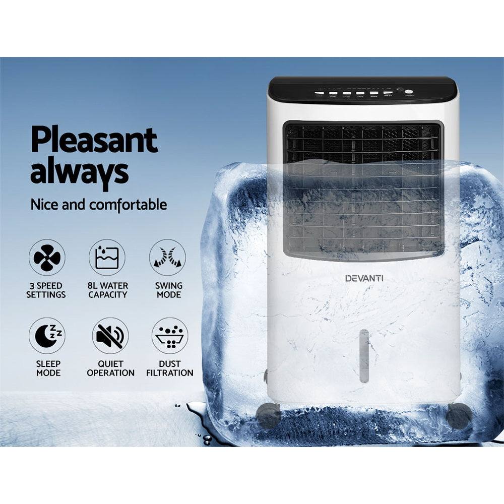 Devanti Evaporative Air Cooler Conditioner in black and white, showcasing its sleek design and control panel.