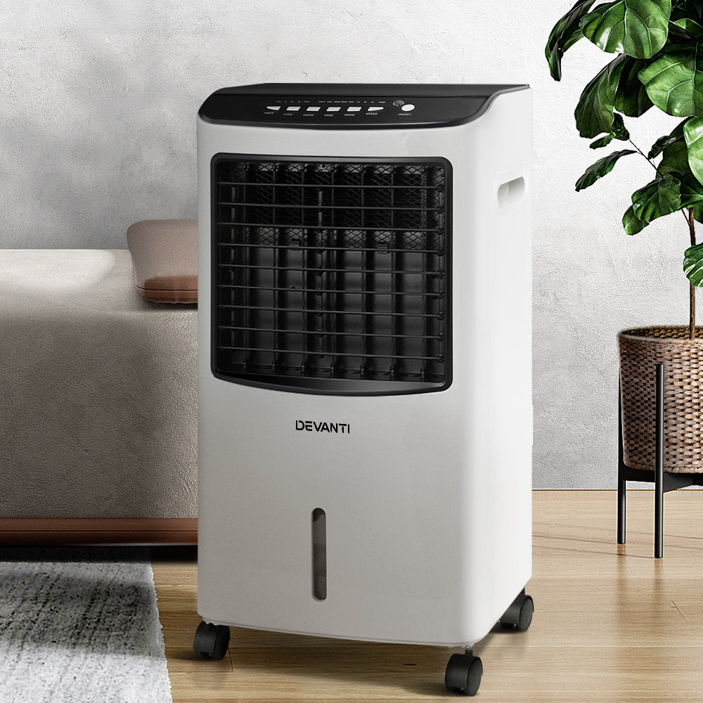 Devanti Evaporative Air Cooler Conditioner in black and white, showcasing its sleek design and control panel.