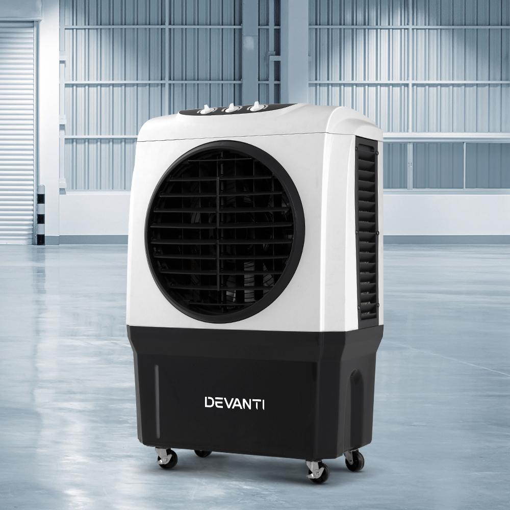 Devanti Evaporative Air Cooler with a large 45L water tank and adjustable louvres, designed for industrial and commercial use.