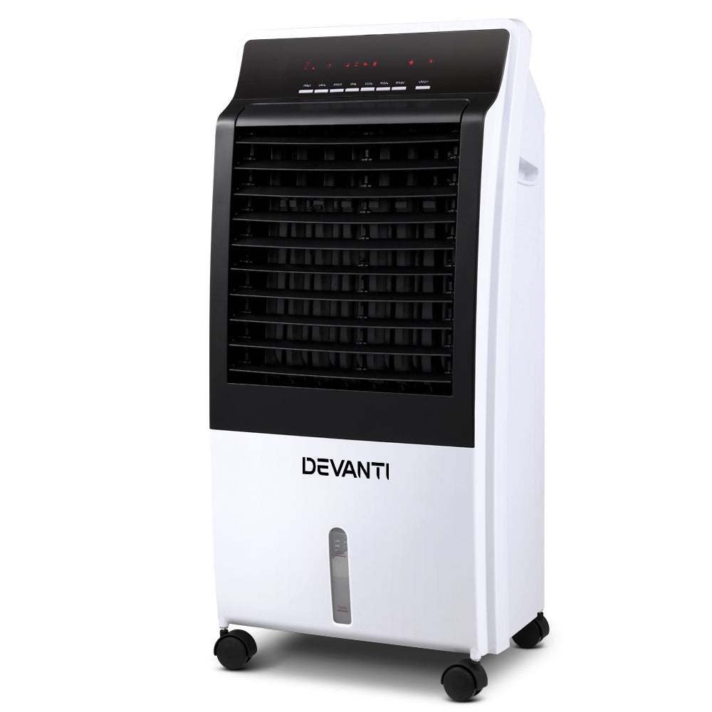 Devanti Evaporative Air Cooler in black and white with remote control and LED display, showcasing its compact design and features.