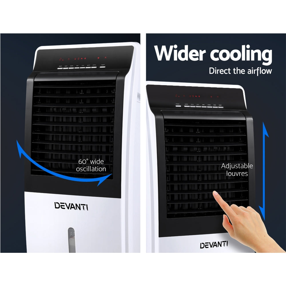 Devanti Evaporative Air Cooler in black and white with remote control and LED display, showcasing its compact design and features.