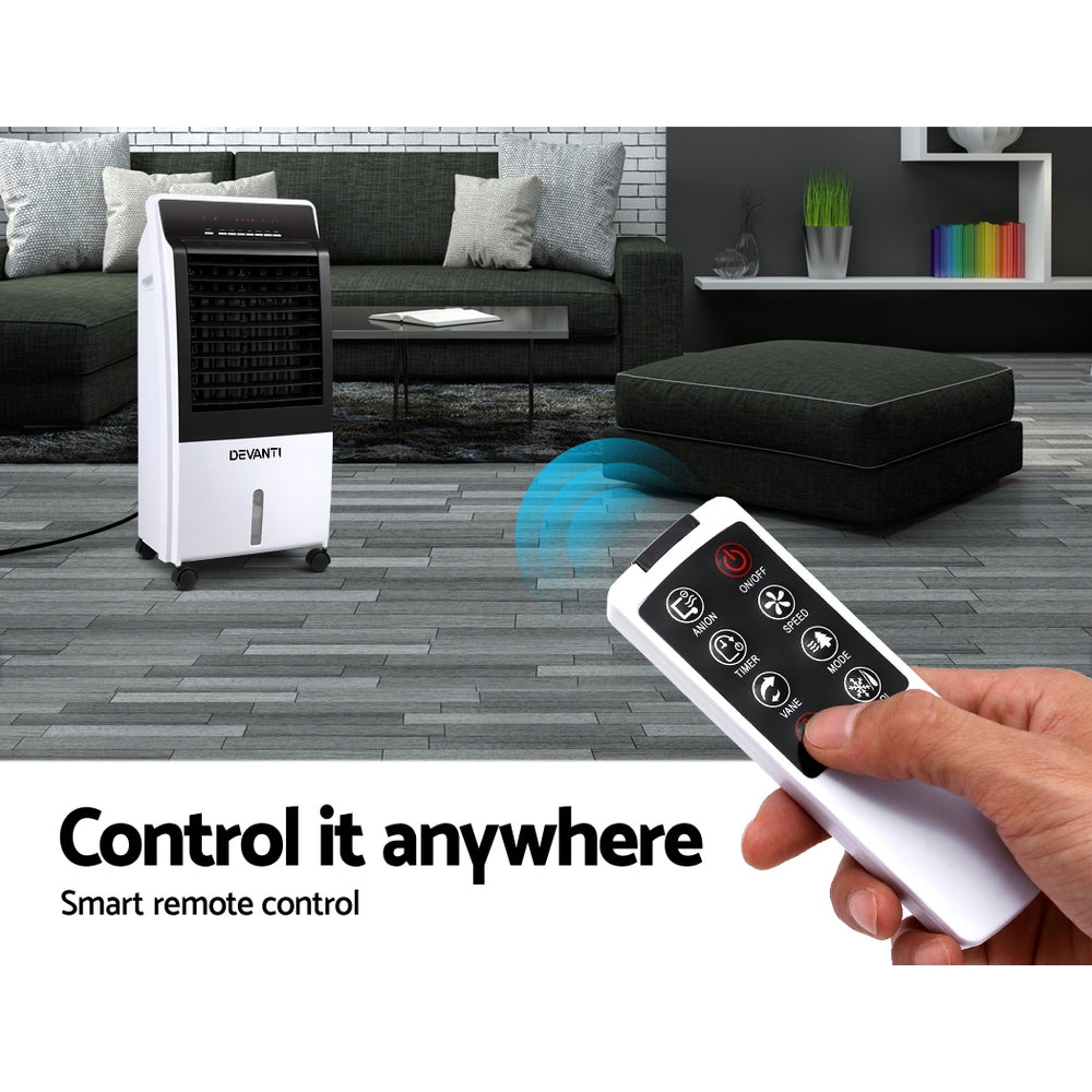 Devanti Evaporative Air Cooler in black and white with remote control and LED display, showcasing its compact design and features.