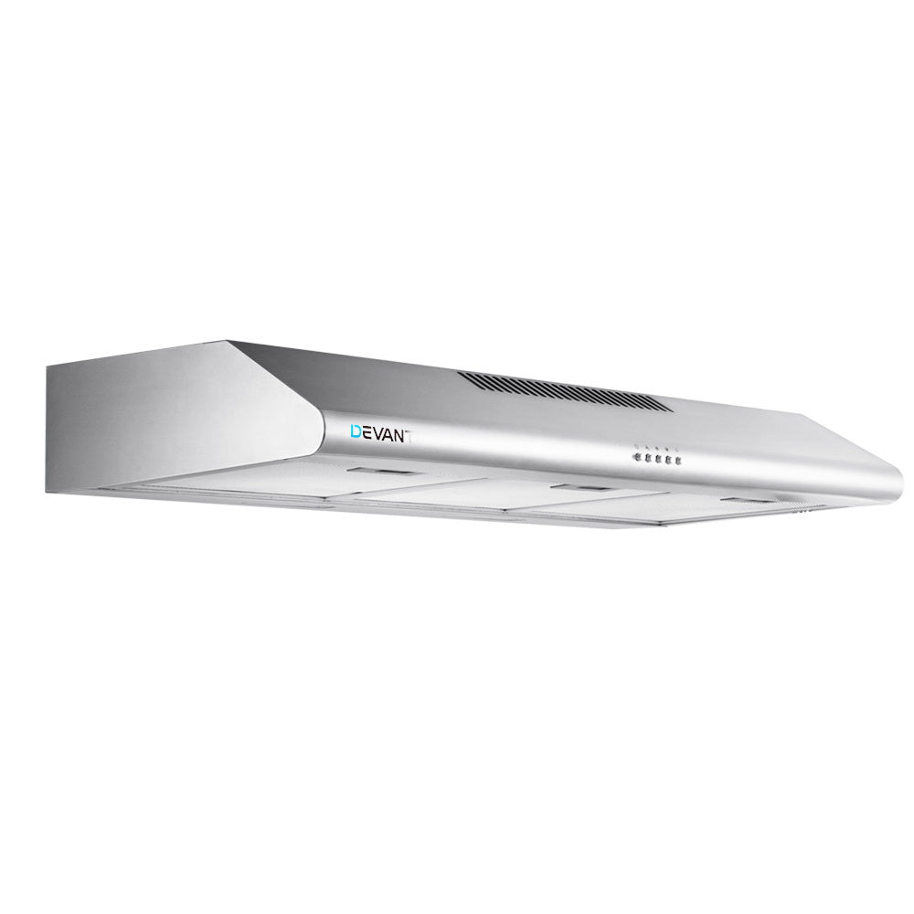 DEVANTI Fixed Range Hood in stainless steel, showcasing its sleek design and features for kitchen ventilation.