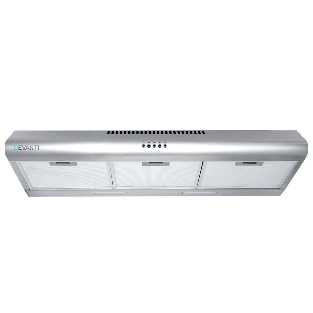 DEVANTI Fixed Range Hood in stainless steel, showcasing its sleek design and features for kitchen ventilation.