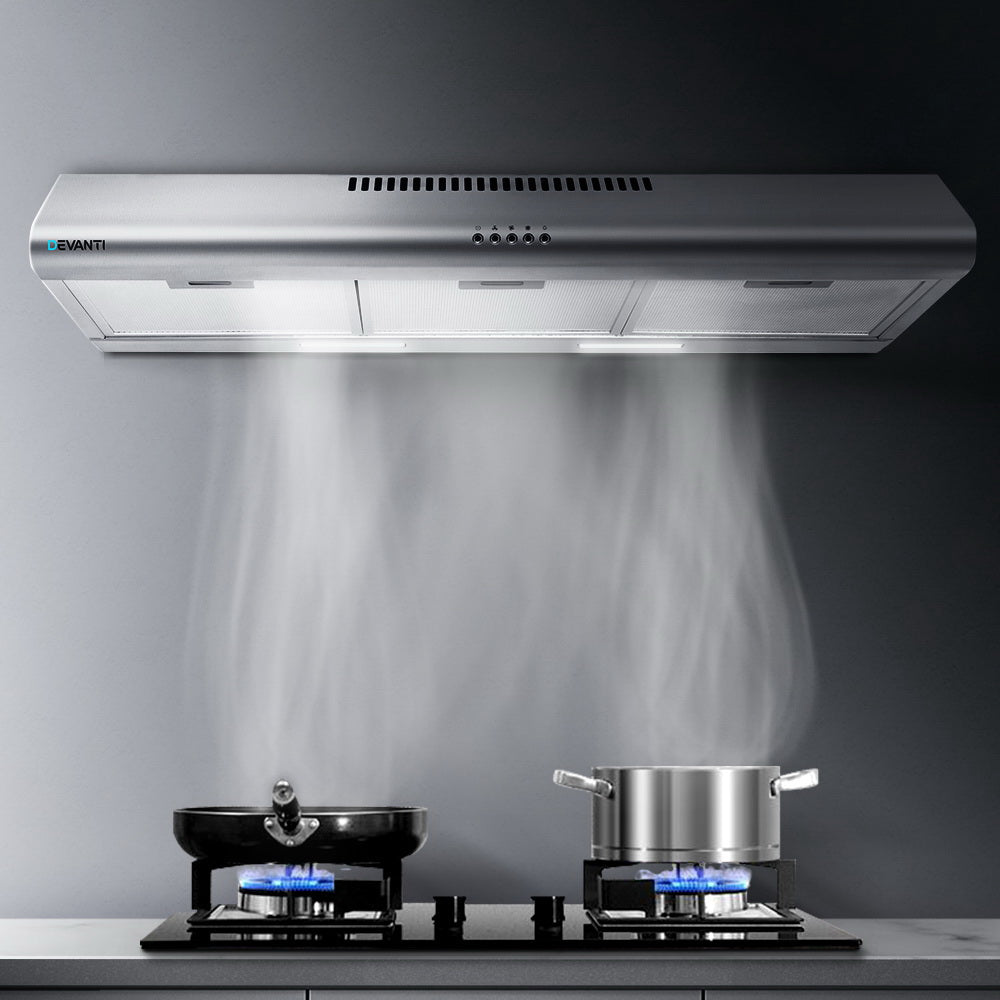 DEVANTI Fixed Range Hood in stainless steel, showcasing its sleek design and features for kitchen ventilation.