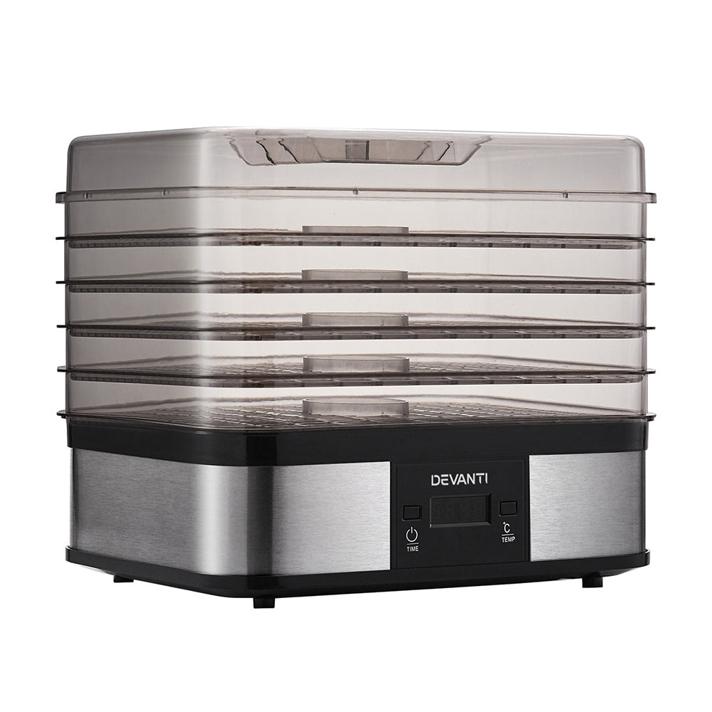 Devanti Food Dehydrator with 5 trays in silver, showcasing its stainless steel design and transparent door.