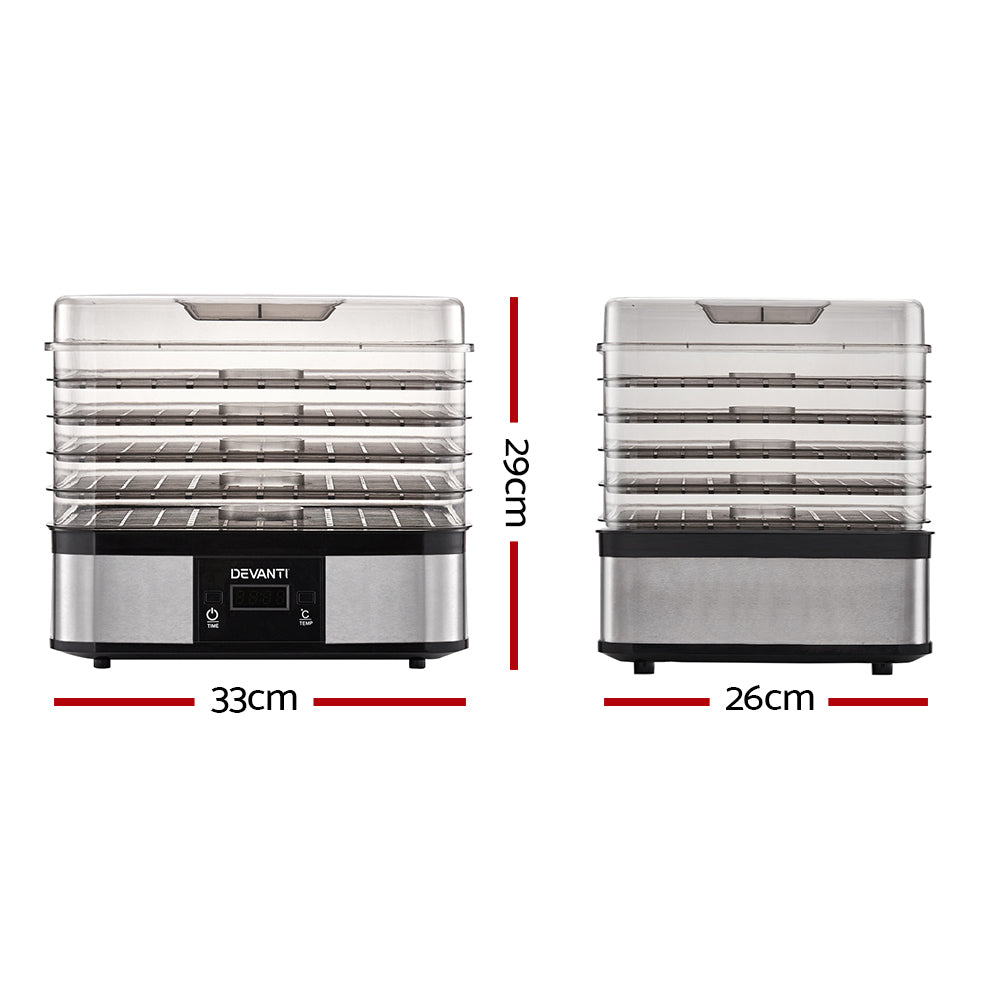 Devanti Food Dehydrator with 5 trays in silver, showcasing its stainless steel design and transparent door.