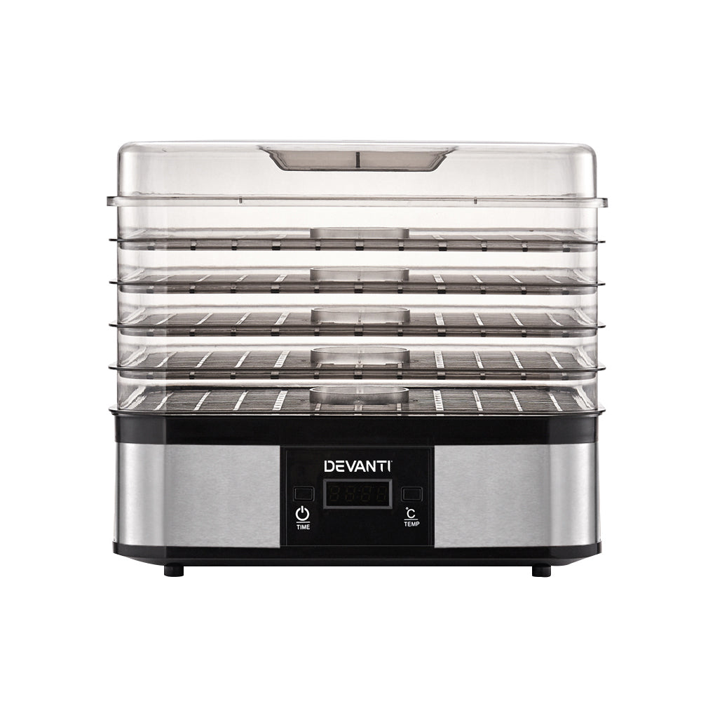 Devanti Food Dehydrator with 5 trays in silver, showcasing its stainless steel design and transparent door.