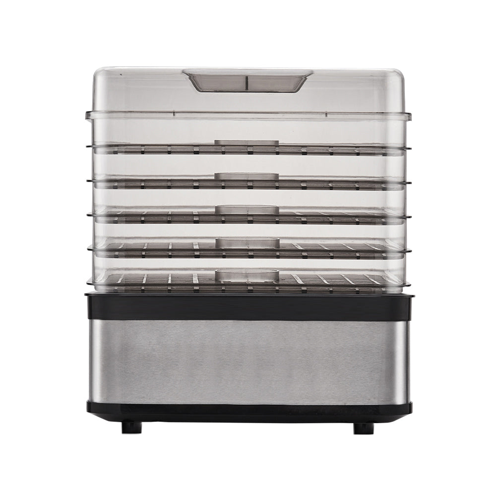 Devanti Food Dehydrator with 5 trays in silver, showcasing its stainless steel design and transparent door.