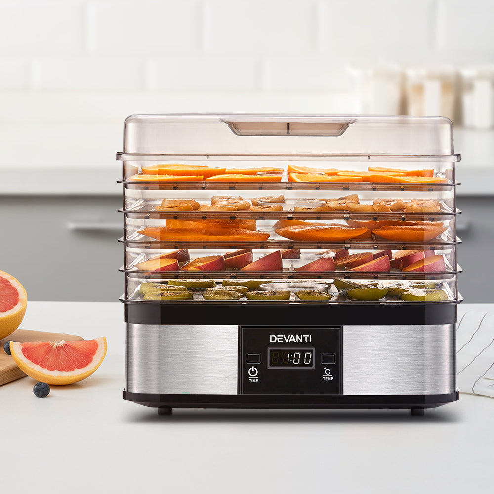 Devanti Food Dehydrator with 5 trays in silver, showcasing its stainless steel design and transparent door.